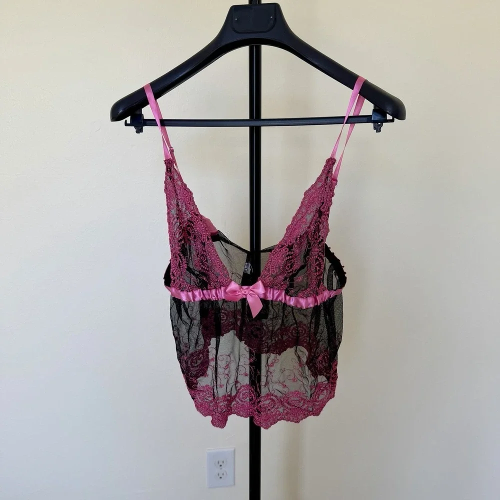Fredericks of Hollywood Vintage Lingerie Top Sm/Med Pink Black Mesh Babydoll‎